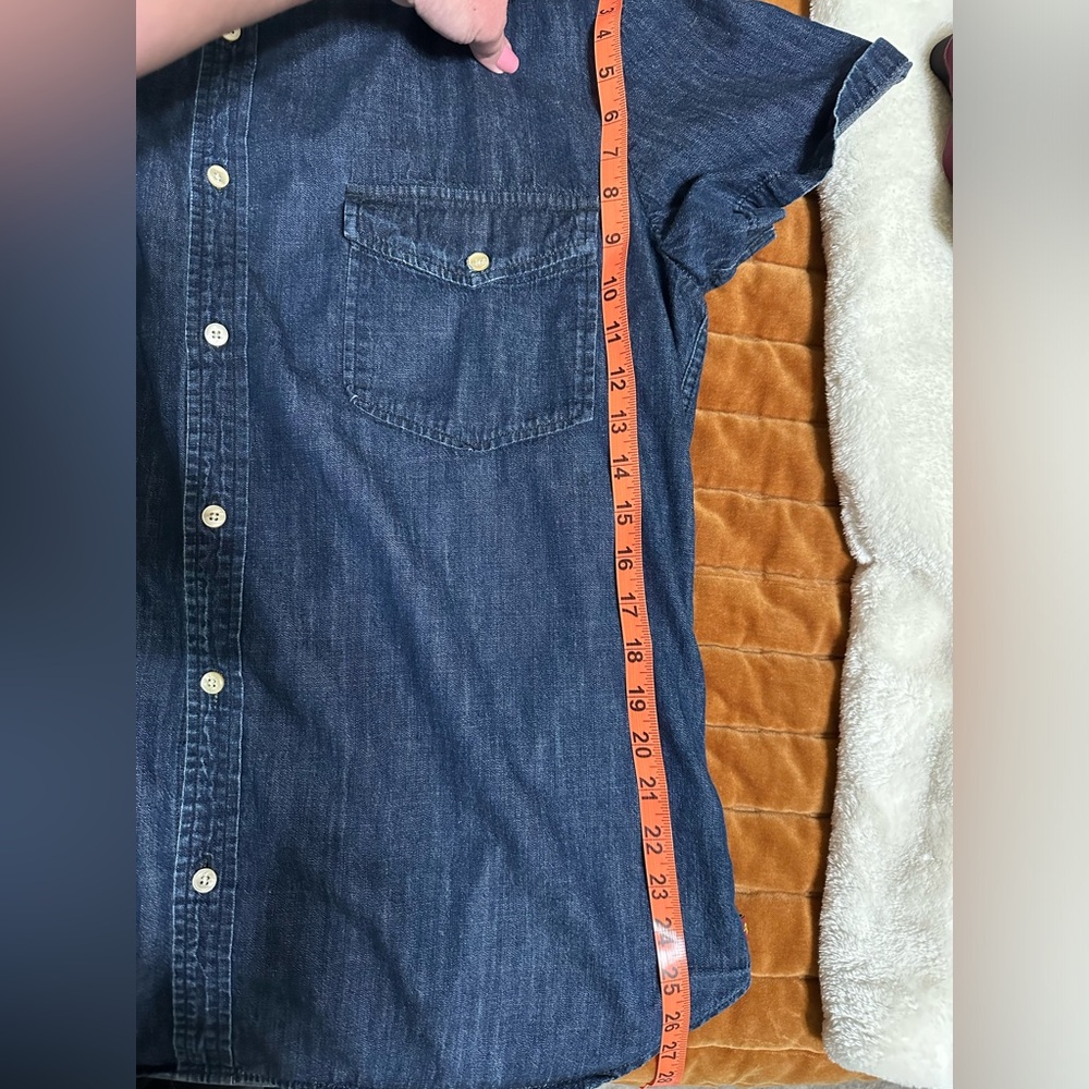 7 For All Mankind Blue Denim Button Down Women’s Size XXL Short Sleeve Top - Picture 12 of 13